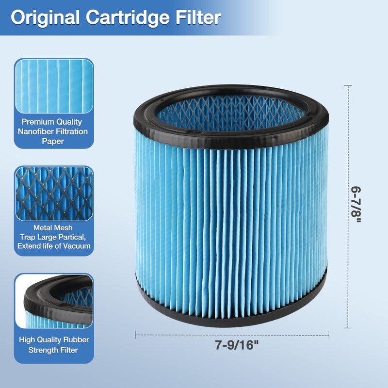 شوبفاك فلتر خرطوشة Shop-Vac عالي الأداء 90350/90304/90344، يناسب معظم مكانس Shop-Vac الرطبة/الجافة بسعة 4-16 جالون، ورق ترشيح من ألياف النانو عالي الكفاءة، قابل لإعادة الاستخدام، عبوة واحدة - Image 2